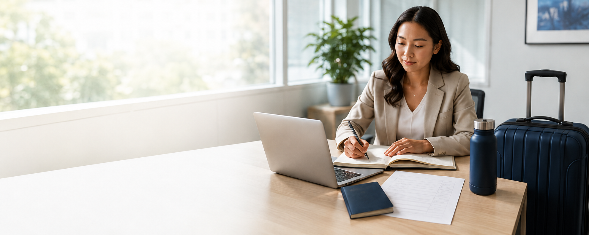Business travel planning in a bright office