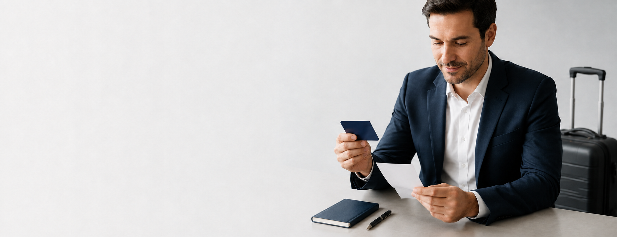 Man at desk, blank card and receipt